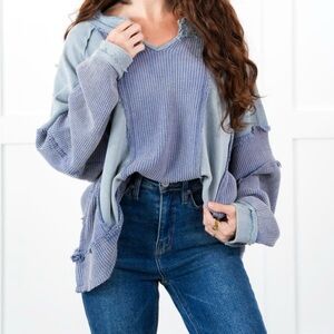 POL Color Block Long Sleeve Top With Frayed Edge Detail